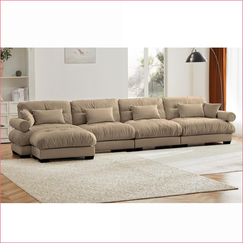 Canapé modulaire en velours en L convertible 4 places avec accoudoirs et amp; Coussins | Chameau | Velours