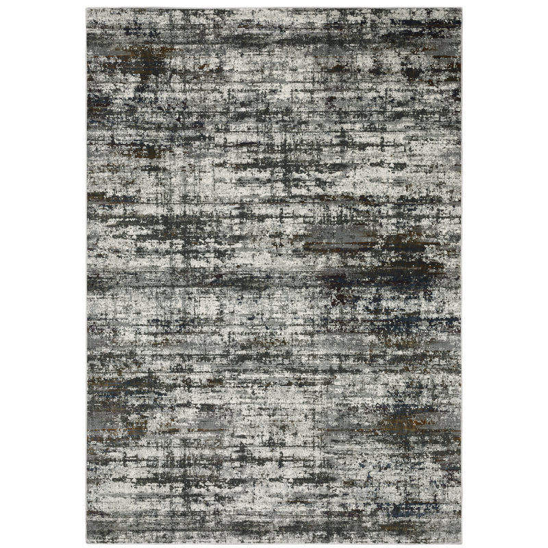Tapis gris abstrait en polyester tissé à la machine, Rectangle 6 pi 7 po x 9 pi 6 po