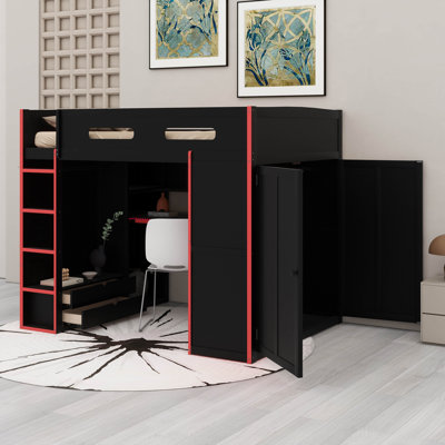 Full Size Loft Bed With Desk, Wardrobe, Drawers, USB Port, RGB LED Strip, Gaming Workstation Bed