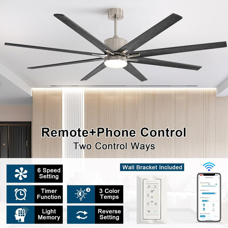 Ventilateur de plafond 76 pouces avec télécommande à intensité variable de 18 W à DEL 8 pales en bois massif noir pour le salon