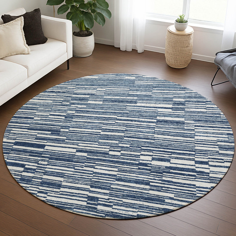 Machine Washable Indoor/Outdoor Chantille ACN2907 Striped Rug, Navy, 8' Round