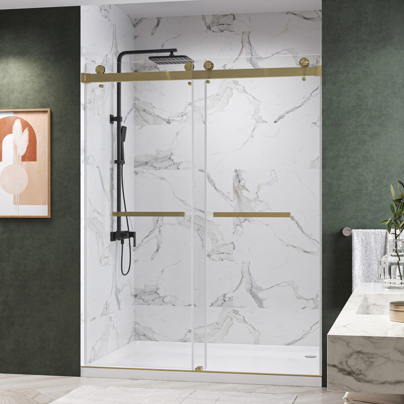 Catalyst 46"- 48" W X 79" H Double Sliding Frameless Shower Door In Brushed Bronze With 3/8" Clear Glass, Brushed Bronze