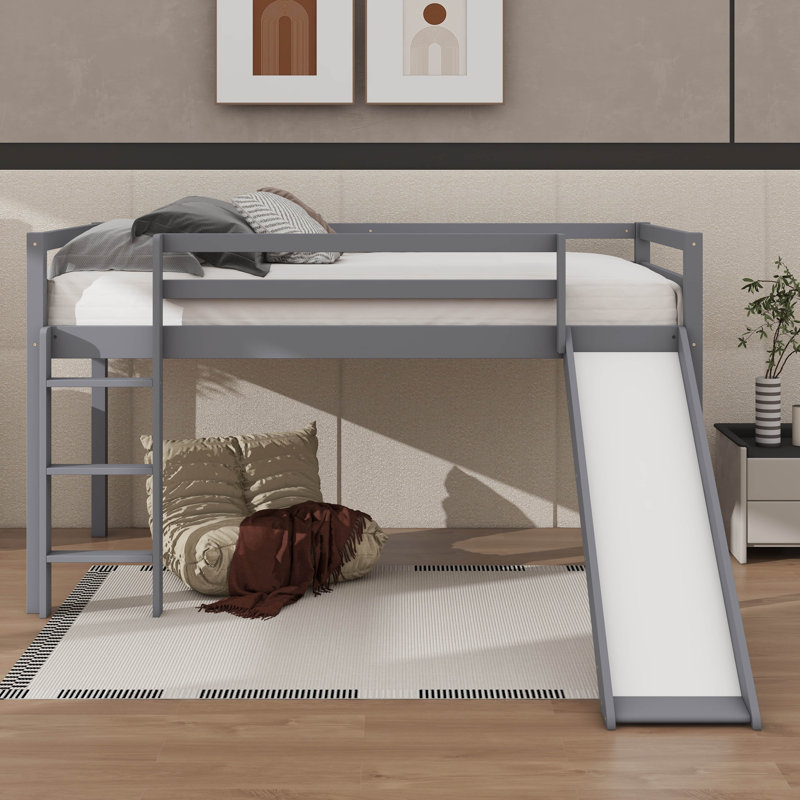 Twin Elevated Bed Featuring Ladder & Slide, Loft Beds Equipped With Safety Guardrails, Gray
