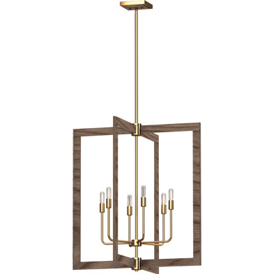  Lustre candélabre suspendu carré / rectangulaire à 6 lumières en pacane et or antique pour l'intérieur