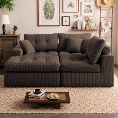 L-Shaped Sectional Couch Corduroy Corner Chaise Compression Sofa Bed with High-Density Sponge, No-Assembly Required Convertible Sleeper for Living Room, Apartment
