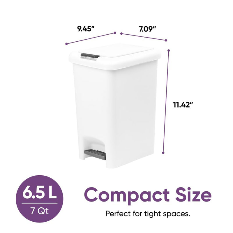 Superio 2-Pack 6.5L Slim Step & Push Trash Can - Dual Opening, Smooth Matte Finish, Durable Plastic (9.5"x7"x11.5") - Grey
