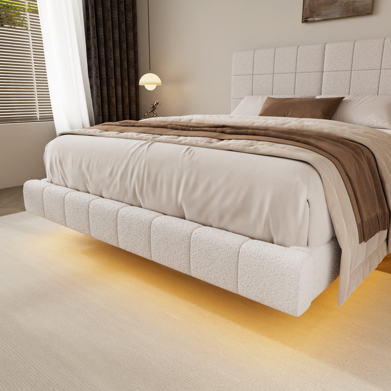 White  Boucle Floating Bed with Light,Queen, Queen