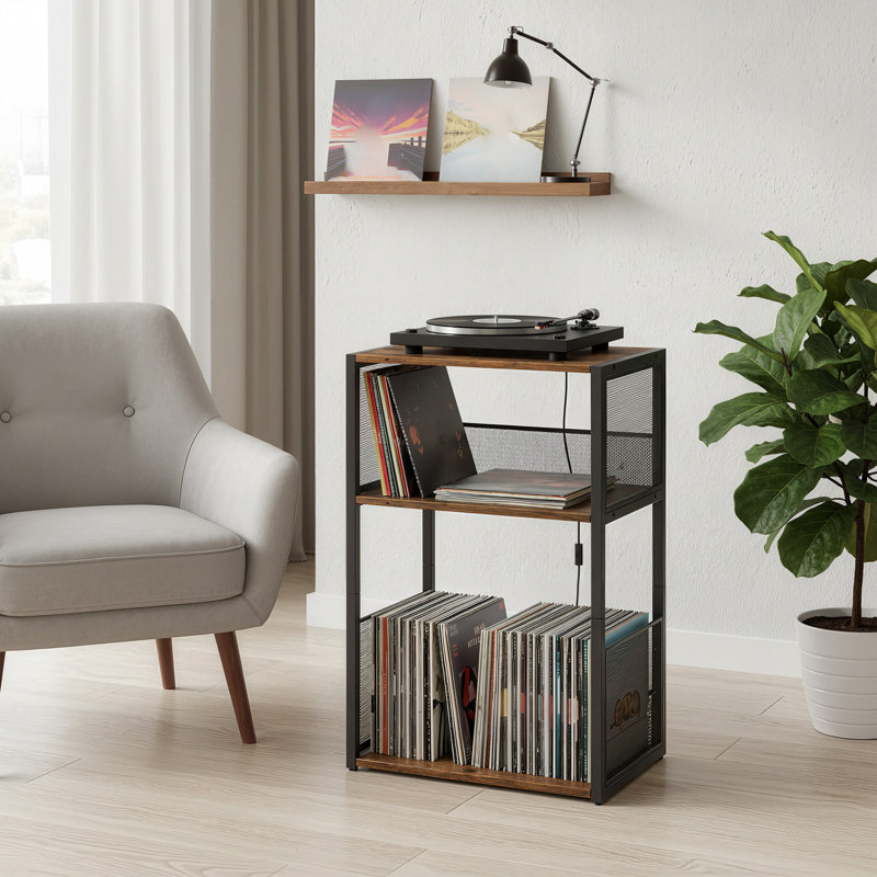 Meuble pour platine vinyle avec rangement à 3 niveaux, table d'appoint classique, Brun rustique