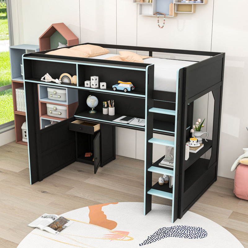 Lit mezzanine en bois avec rangement garde-corps et tiroir, Twin, Black/Blue