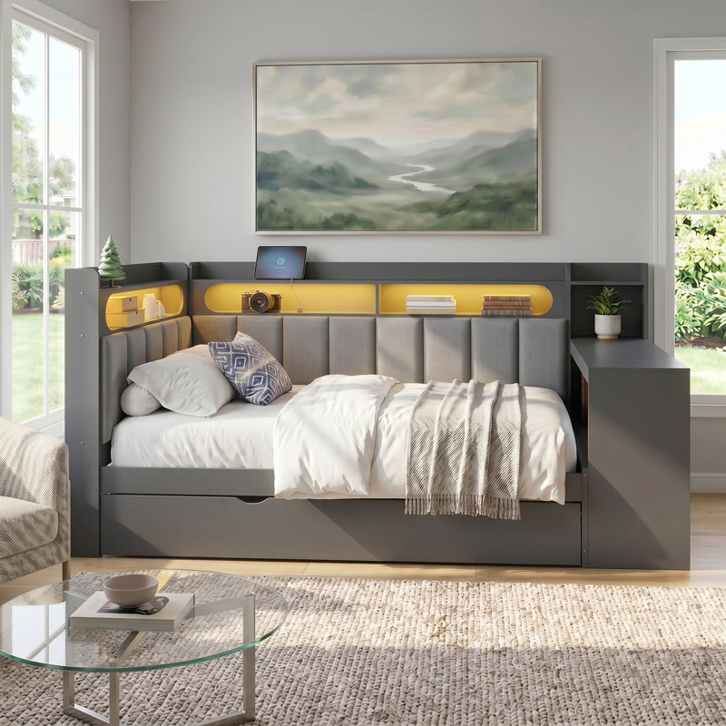Solid Wood Frame Full Platform Bed With Storage Shelves, Trundle, Charging Station, LED Light, Desk And Upholstered Backrest