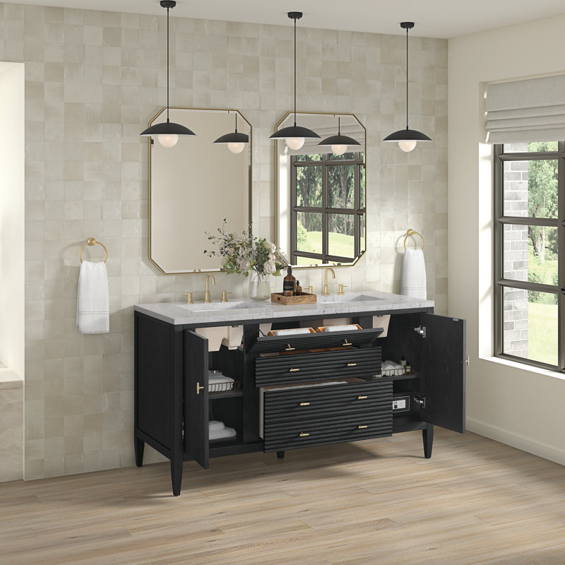 Myrrin 60'' W Double Vanity, Eternal Jasmine Pearl, Carbon Oak, 8" Widespread