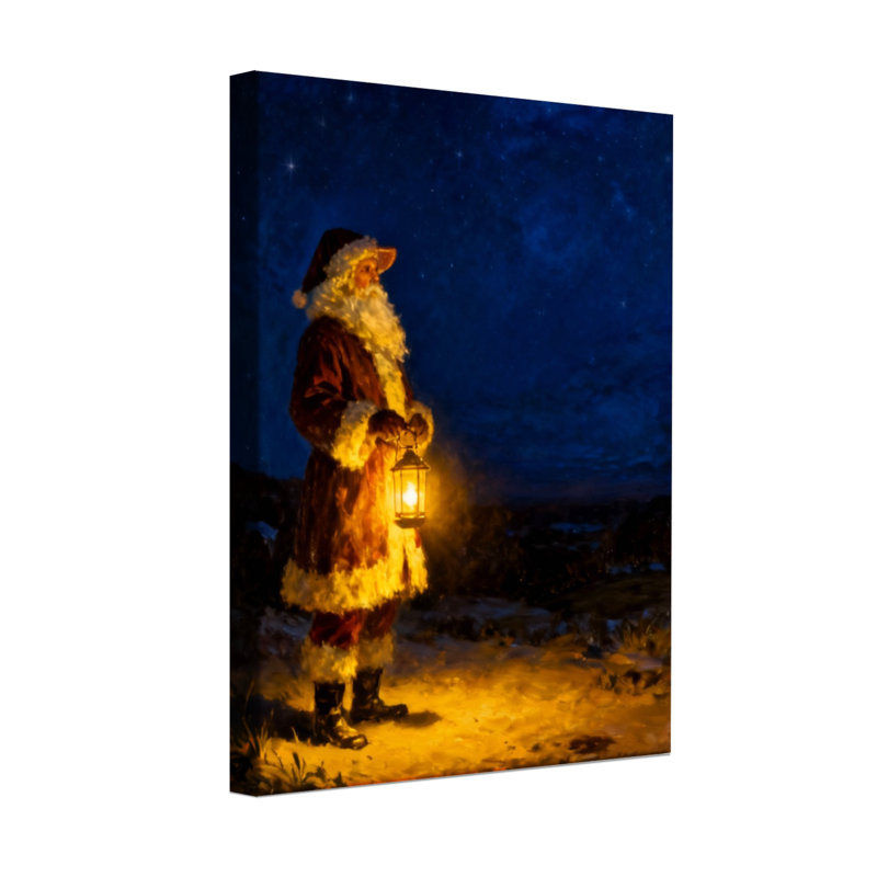 Père Noël tenant une lanterne dans la nuit enneigée