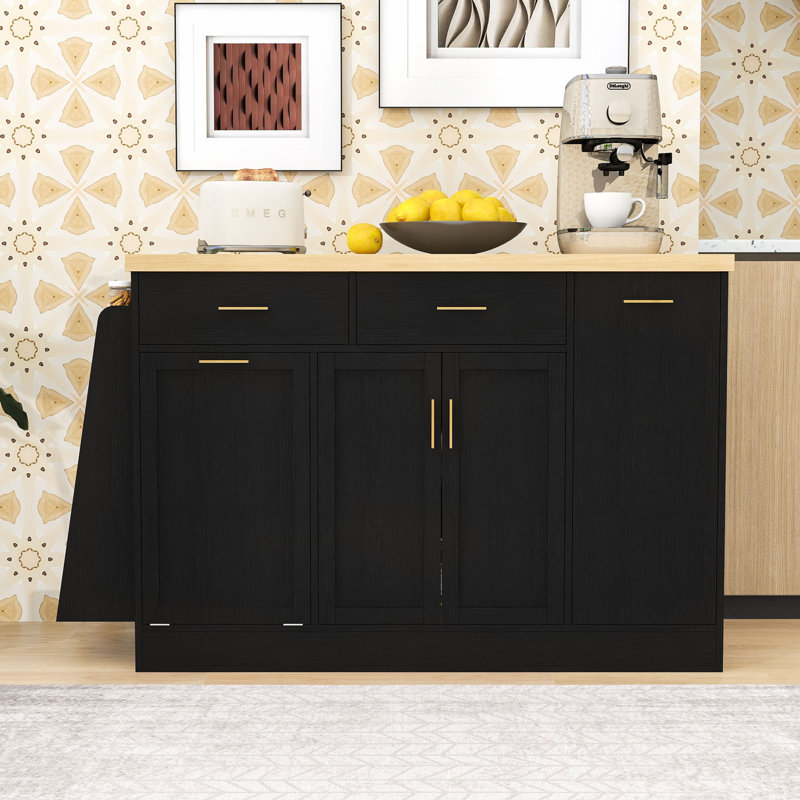 Modern Kitchen Island with Trash Bin Compartment, Sliding Doors, 3-Tier Spice Rack and Adjustable Storage, Black