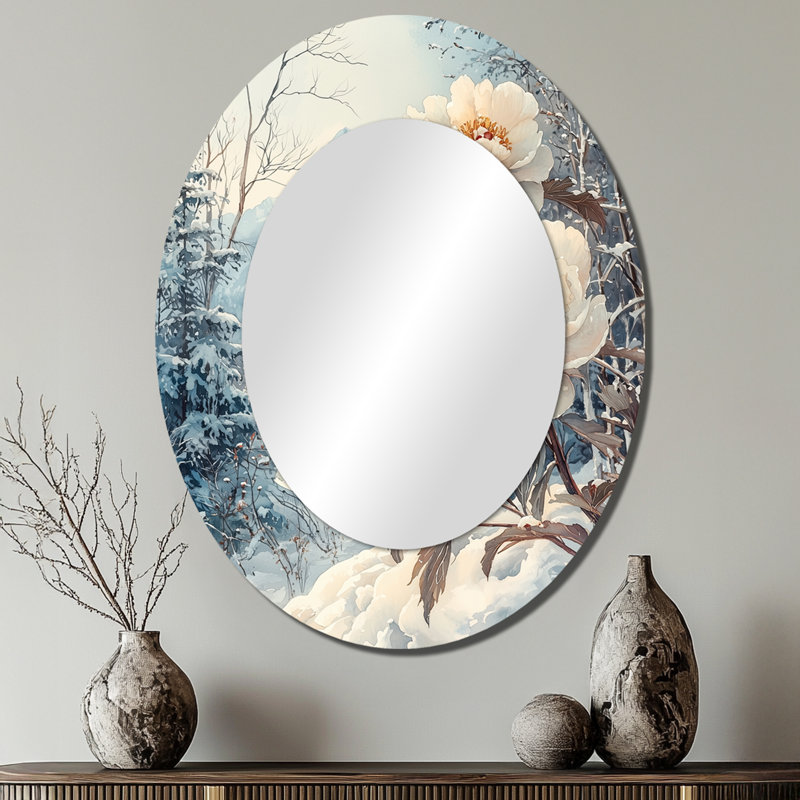 Snow Capped Peonies Into The Forest II - Large Oval Wall Mirror On Metal, 40" x 30"