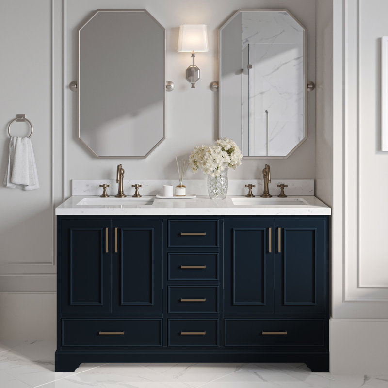Meuble-lavabo double 60,25 po avec plateau en quartz Abshire, Bleu minuit