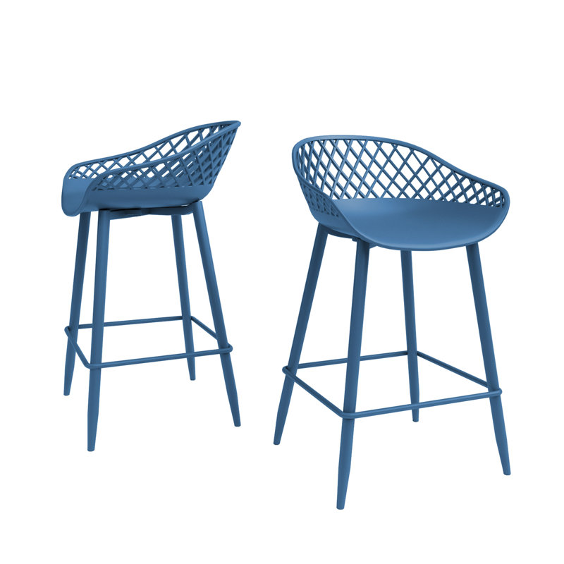 Caraballo Crippen 26" Counter Stool with Low Ergonomic Back for Indoor or Outdoor with Metal Legs and Footrest, Berry Blue