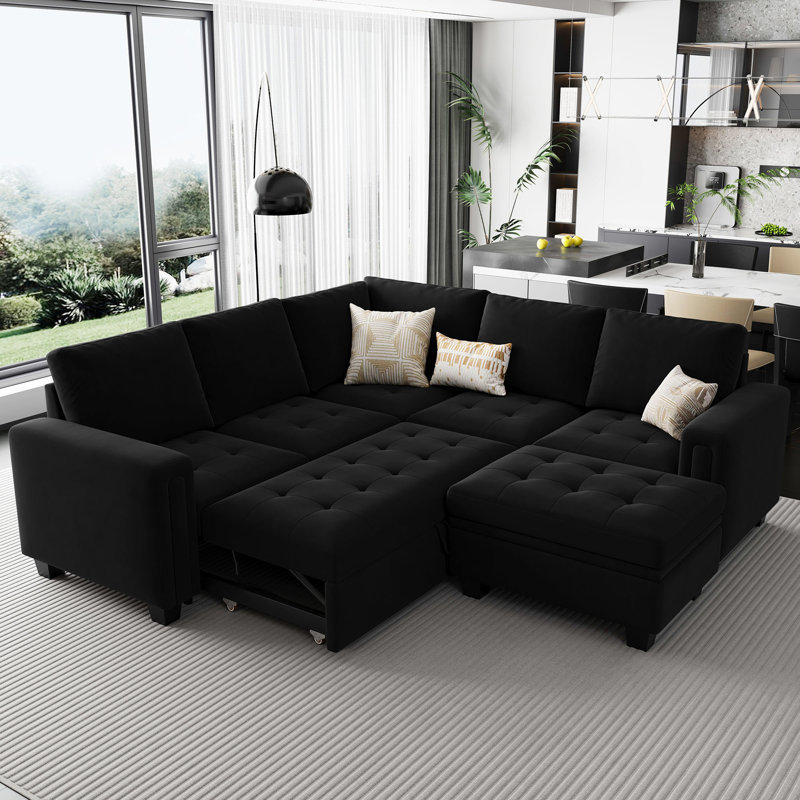 Modular Velvet Pull Out Bed With Storage Ottoman For Living Room Bedroom Apartment, Black Velvet