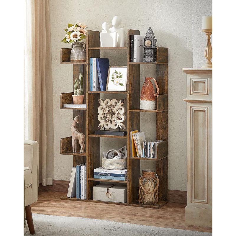 Tree-Shaped Bookshelf – 13-Shelf Rustic Brown Storage Bookcase