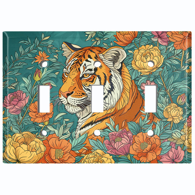 Couvercle de plaque d'interrupteur en métal; Bascule à 3 bandes US standard - Tiger in the Meadow, Triple # 3