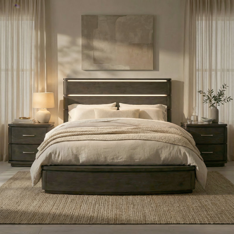Ensemble de chambre avec très grand lit à panneau et deux tables de chevet Trenea, Très grand
