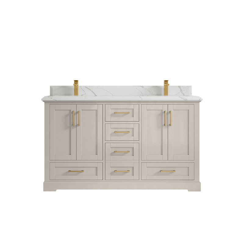 Boston 60 po X P 22 po Meuble-lavabo double D en grain fin avec quartz Cove Edge, Calacatta Laza