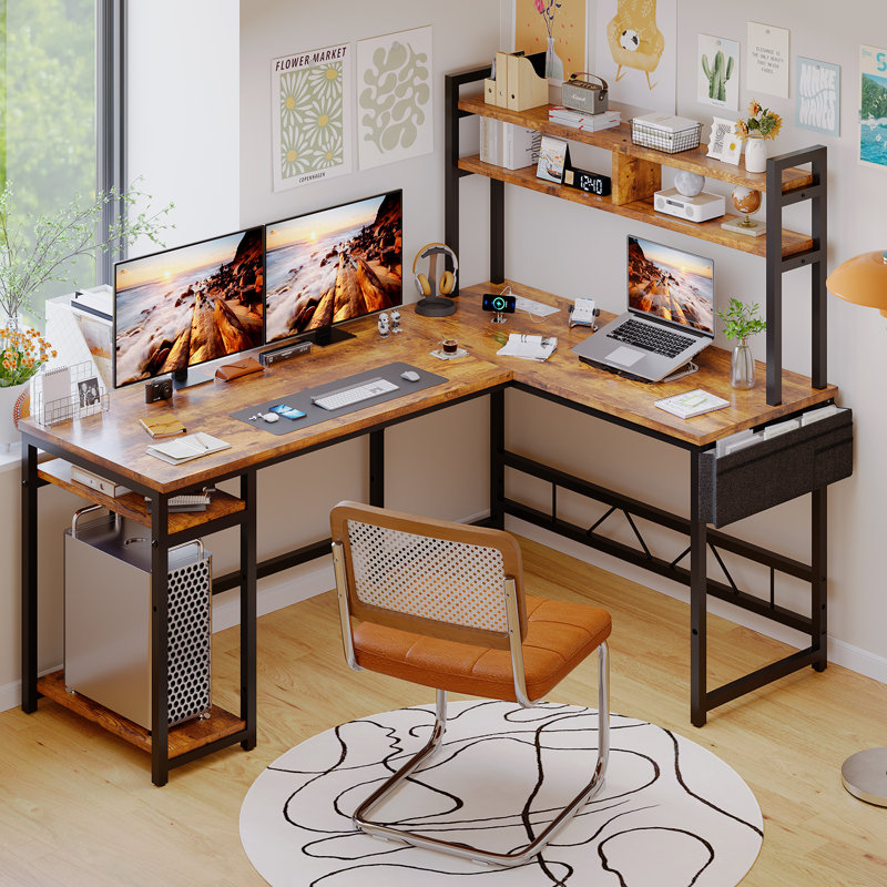 L-Shape Computer Desk 140cm x 50cm x 75cm with Adjustable Storage Rack, 90cm x 50cm x 75cm, Black, Black