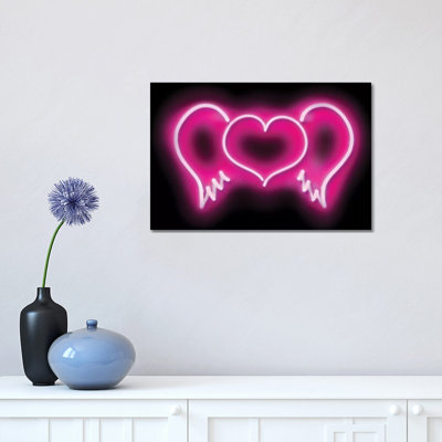 Neon Heart Wings Pink On Black by Hailey Carr - Wrapped Canvas Print