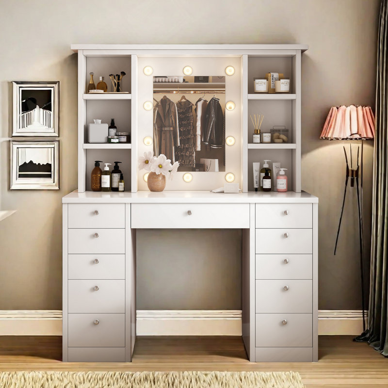 Bureau de meuble-lavabo avec miroir à DEL, coiffeuse de maquillage avec 11 tiroirs, 3 modes d'éclairage couleur réglables en luminosité, câblage caché, coiffeuse pour chambre à coucher, blanc