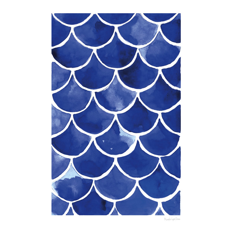 Blue Fish Waves Machine-Made Print , 30" H x 20" W  , No, Walnut Framed Canvas