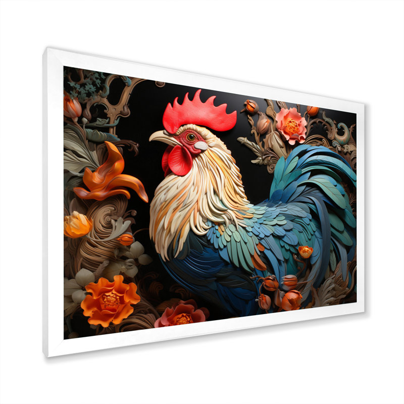 " Blue Rooster With Orange Flowers ", White Single Picture Framed, 12" H x 20" W x 1" D