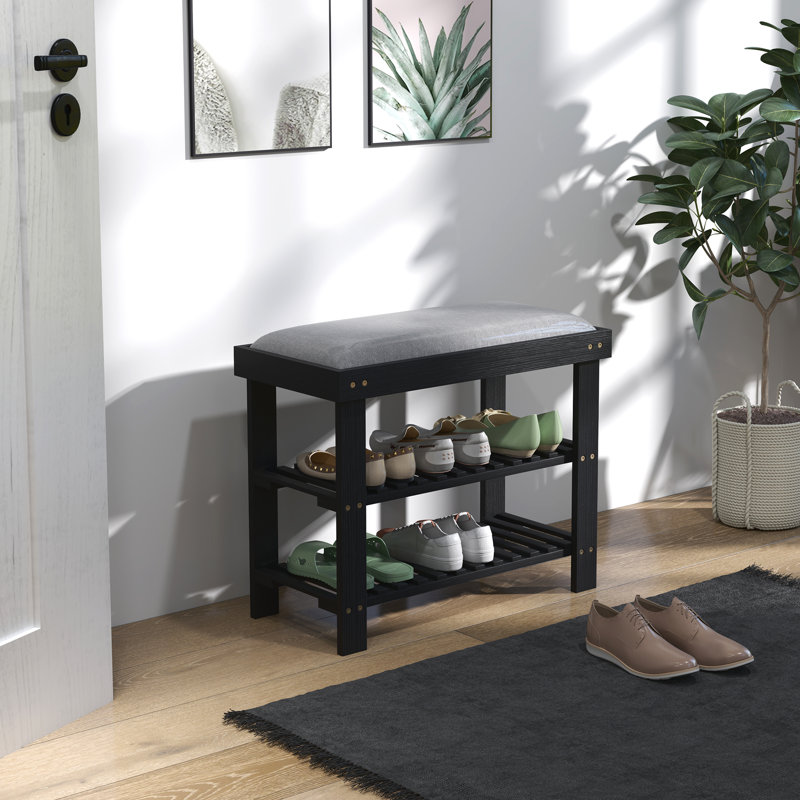 Bamboo Shoe Storage Bench, 3-Tier Entryway Bench With Cushion, Shoe Organizer For Entryway, Hallway, Black, Black