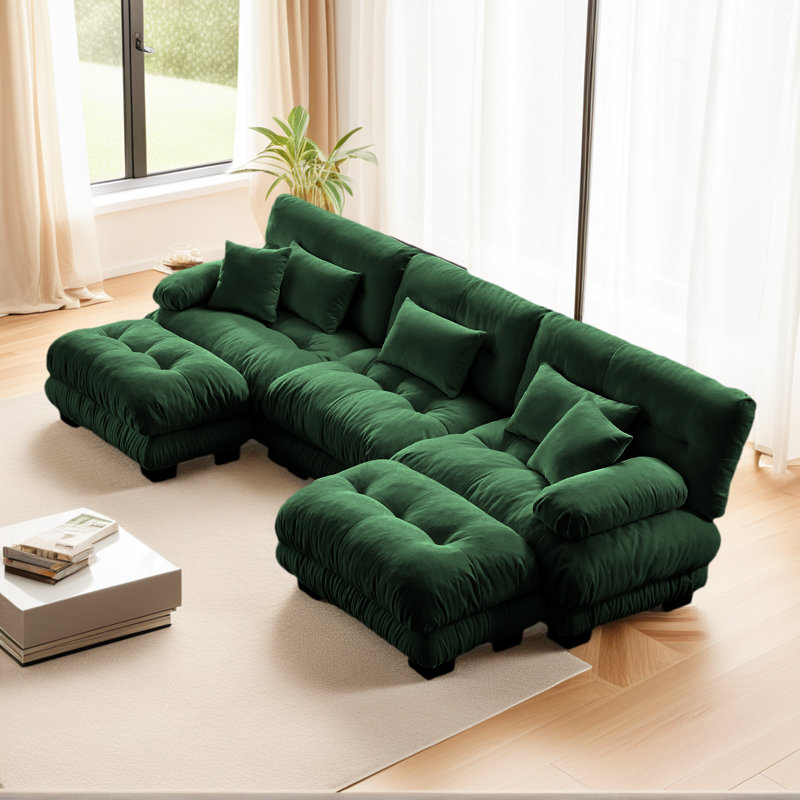 Canapé modulaire 3 places en chenille vert avec 2 repose-pieds, 3 coussins lombaires et 2 coussins décoratifs vert