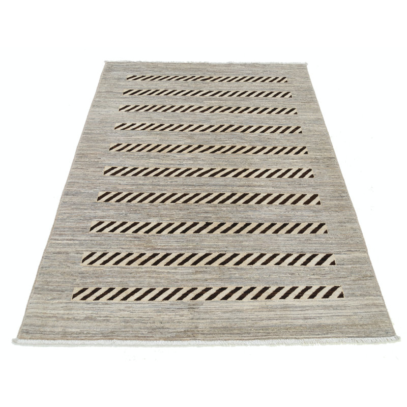 Tapis décoratif rayé géométrique en laine noué à la main ivoire et brun 4 x 5,8 pi
