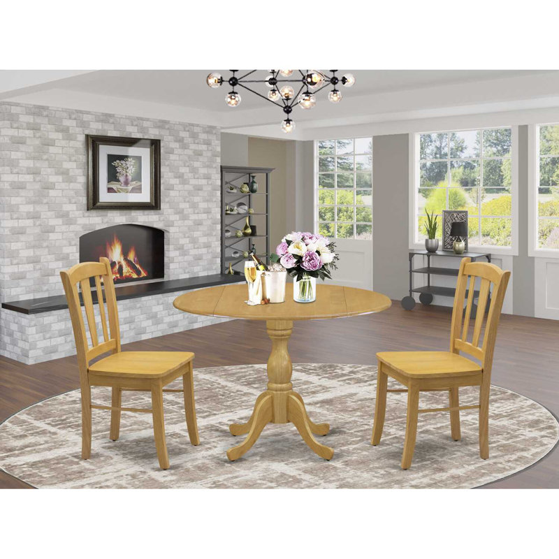 Natural Oak Finish Solid Wood Top - Round Dining Room Set with Dropleaf, Natural Oak, 3
