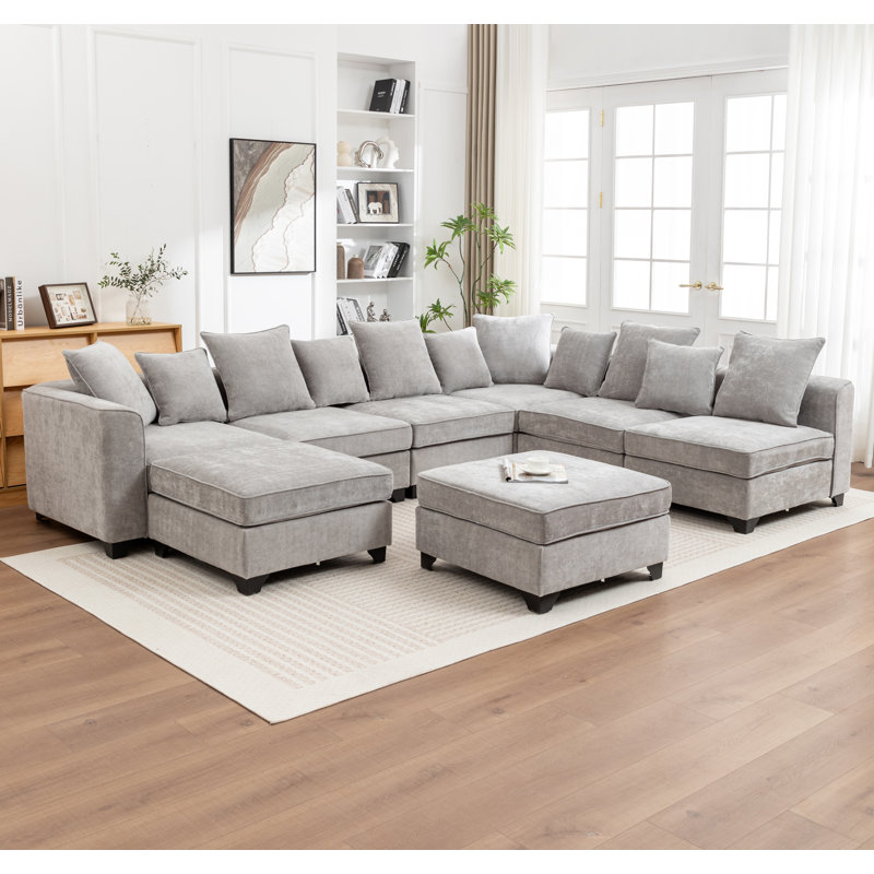 Kempson 8 - Piece Upholstered U-Shaped Sectional Sofa With Two Ottomans, Gray Polyester