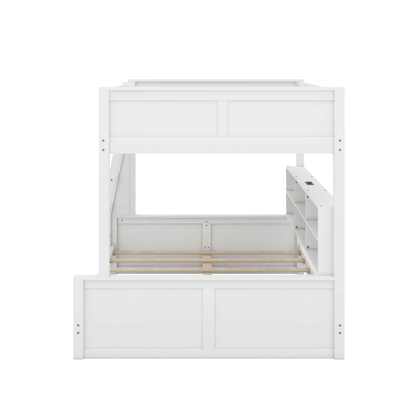 Lit double superposé au-dessus de grand lit double avec armoires et port USB, Blanc antique
