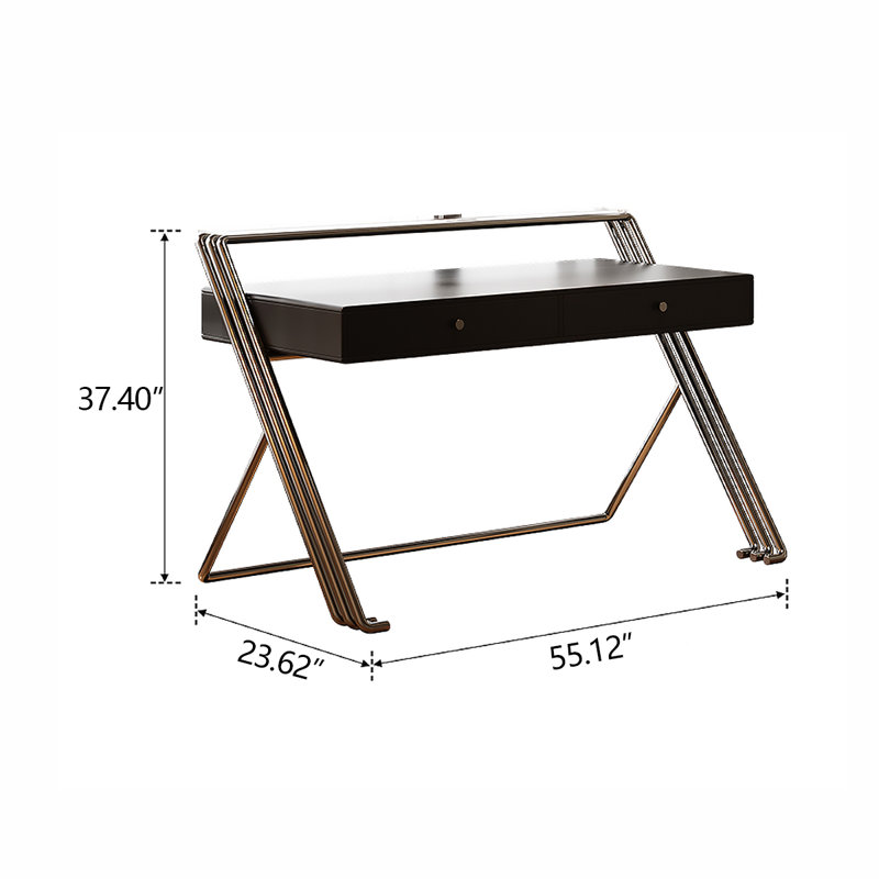Bureau de 55,12 po en bois manufacturé et en acier inoxydable noir, H 37,4 po x l 55,12 po x P 23,62 po