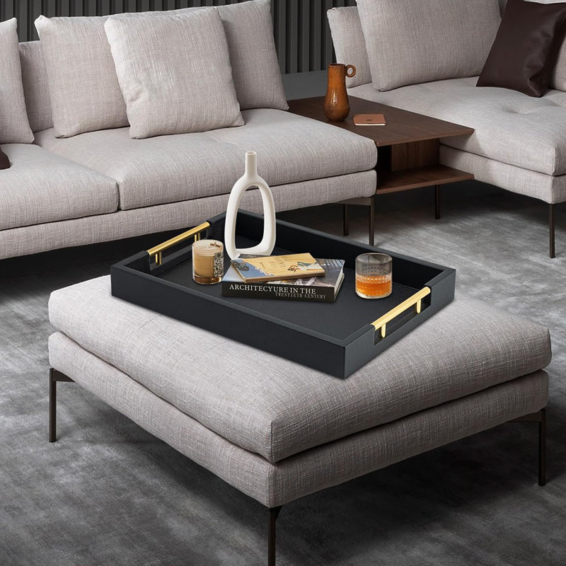 Plateau de service rectangulaire noir avec poignées dorées pour la fête, grand plateau décoratif en bois pour repose-pieds, décor de table basse en similicuir