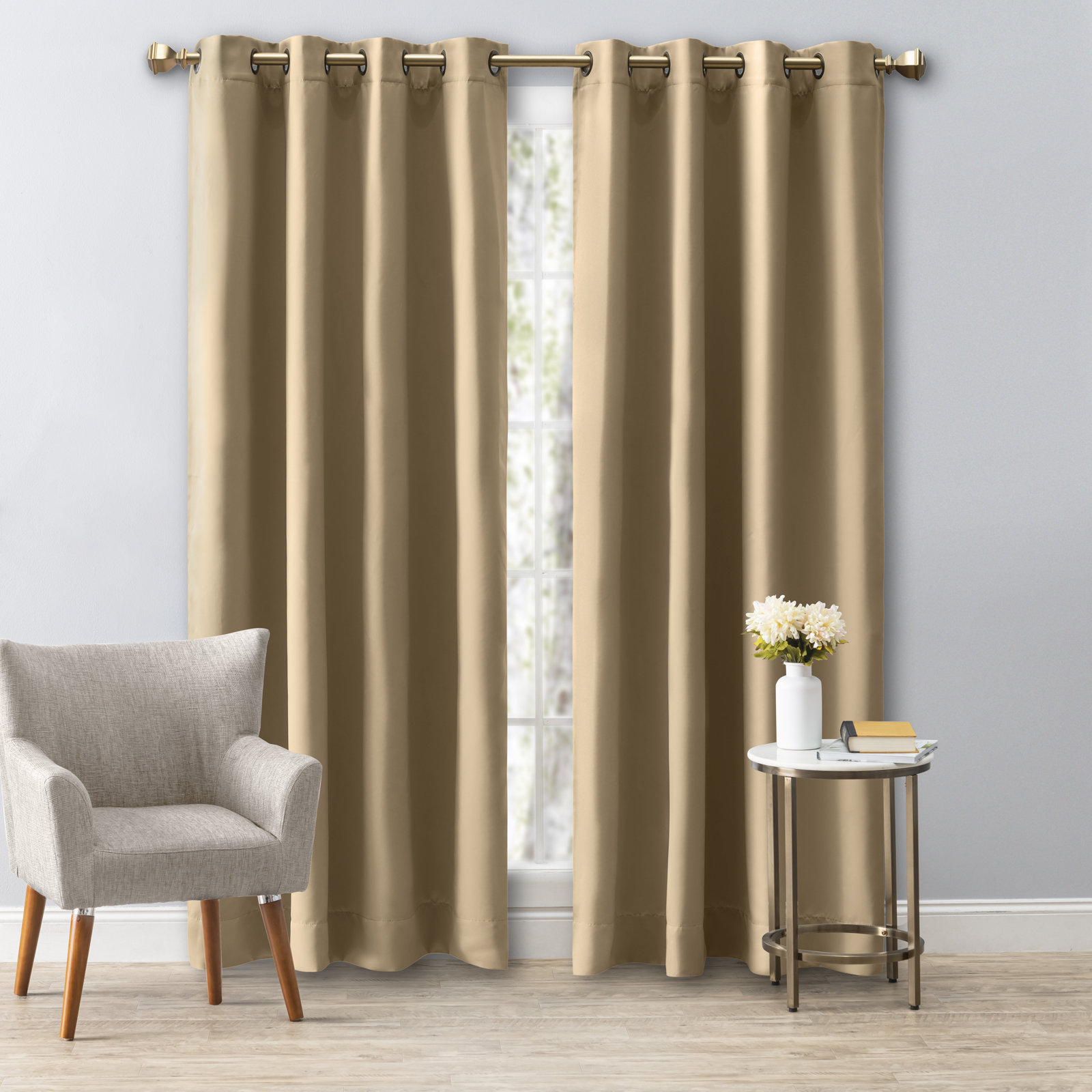 Ardelle Blackout Grommet Curtain Panel, 56" W x 84" L, Sand with Antiqued Bronze Grommets