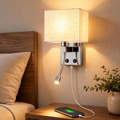 White Fabric USB Reading Wall Sconce