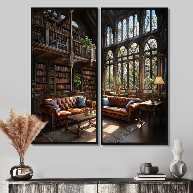 Bibliothèques littéraires Haven II - Beige, reproduction d'art sur toile, Black, 36" H x 48" W, Impression encadrée flottante
