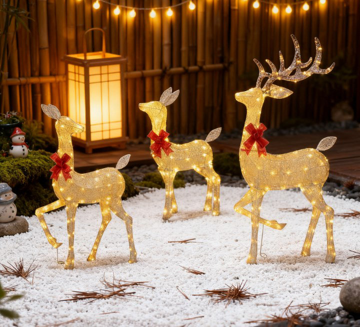 Élégant ensemble de décorations de Noël en forme de renne éclairé doré (mâle, biche, fauve)