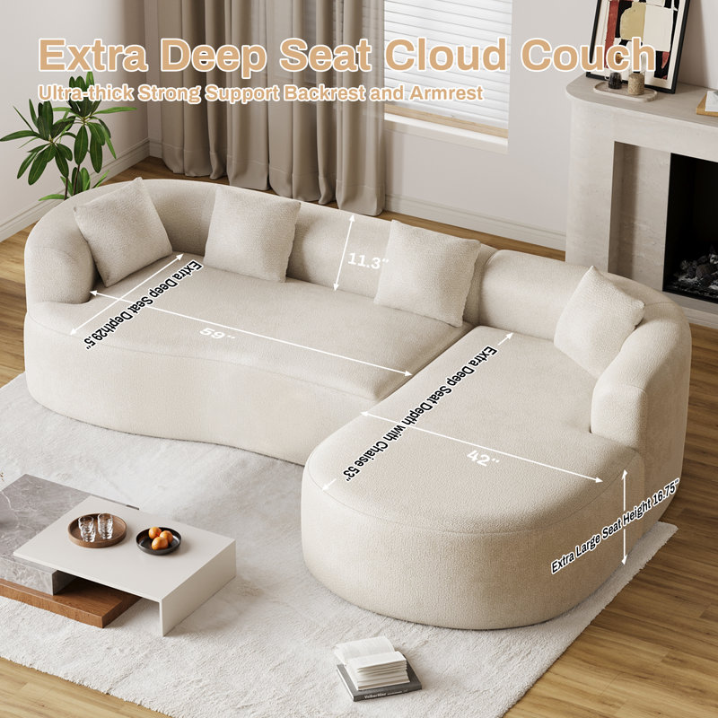 Canapé modulaire incurvé en forme de L avec chaise longue Boneless, aucun assemblage requis, Chenille beige, Orienté à droite