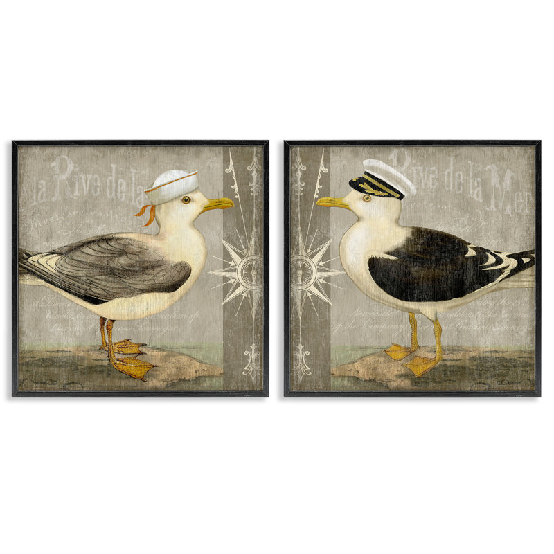 «Little Seagulls with Hats», ensemble de 2 giclées encadrées, design par Suzanne Nicoll, Giclée noire de minuit encadrée