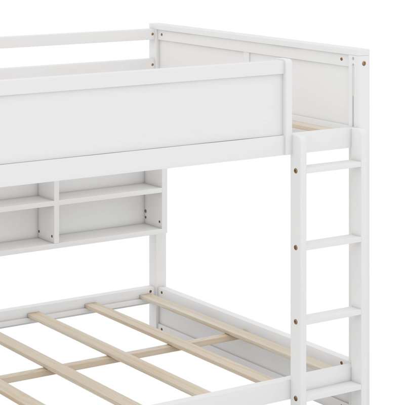 Queen Over Queen Bunk Bed With Storage Cabinets And Charging Station, White