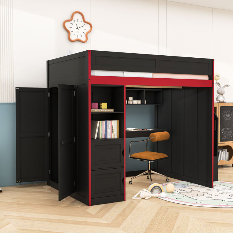 Lit mezzanine en bois avec bureau, tablettes de rangement et lumières DEL, Lit double