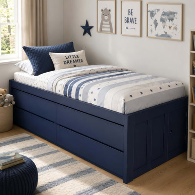 Captain Bed with 4 Storage Drawers, Side Storage Door, Wood Platform Bed Frame with Slat Support, Space-Saving Storage Bed for Kids Teens Adults, No Box Spring Needed