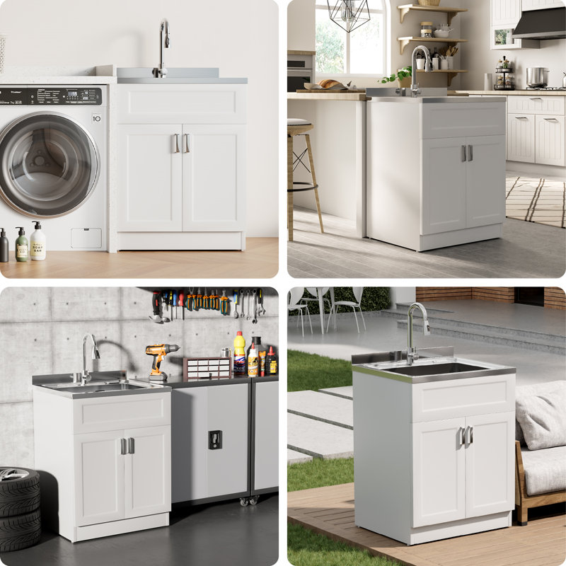 Évier à lessive avec armoire, évier utilitaire complet en acier inoxydable de 30 po avec robinet rétractable