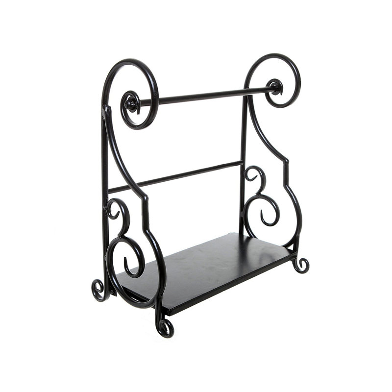 Metal Paper Towel Holder Stand With Shelf – Black Metal Freestanding Countertop Organizer For Kitchen, Scrollwork Design, Horizontal Storage For Spices, Napkins, And Condiments