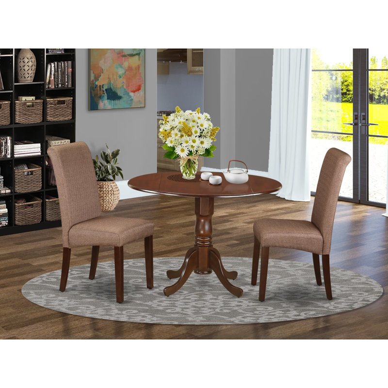 L'ensemble de 3 pièces de table de salle à manger moderne comprend une table ronde en bois avec Dropleaf et 2 chaises Parson rembourrées en tissu crème, 42 x 42 pouces, blanc lin